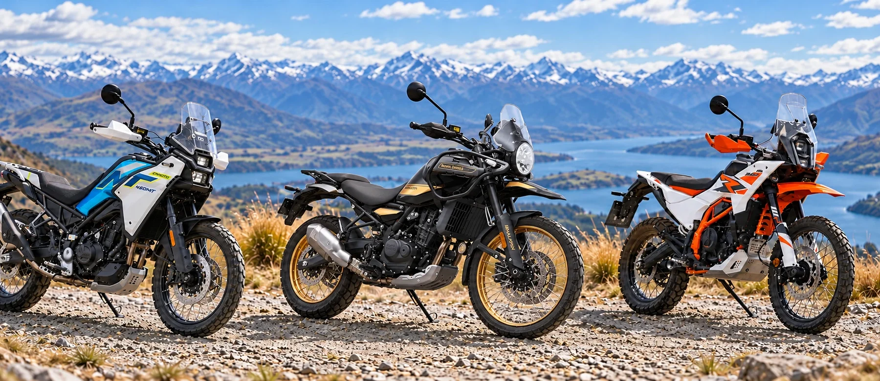CFMOTO 450MT vs KTM 390 Adventure vs Royal Enfield Himalayan 450 1 Adventure Trio Against an Alpine Lake