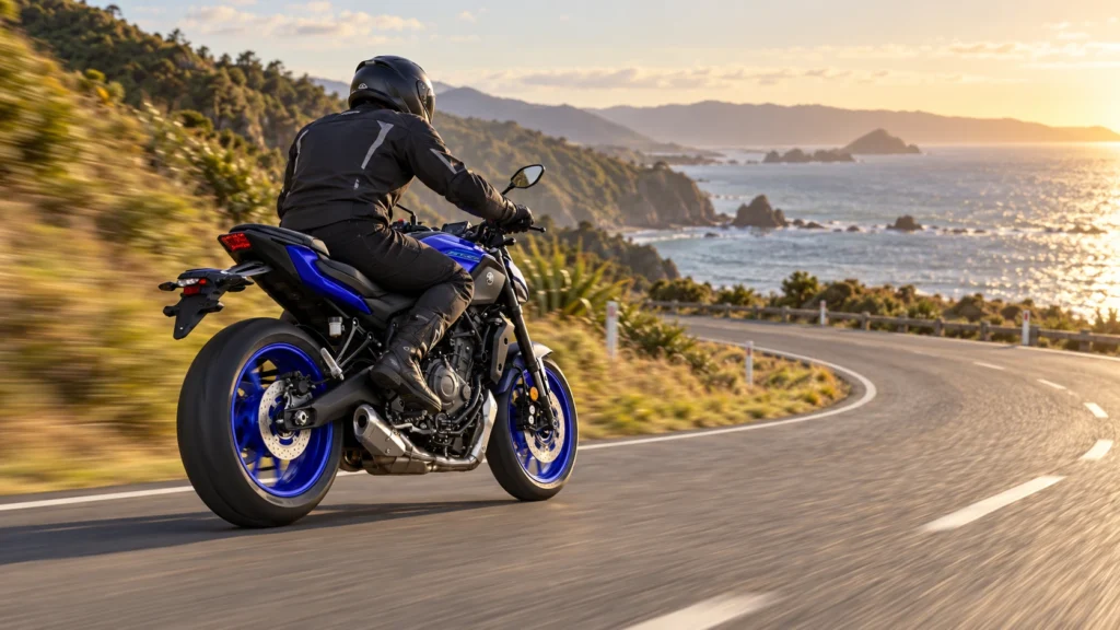 Blue Yamaha MT 07 on New Zealand Coast
