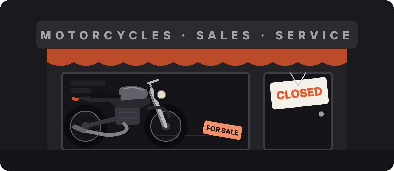 Is the Rego Hike Killing New Zealand's Motorcycle Industry? 1 Illustration of a motorcycle shopfront with a CLOSED sign and a bike for sale in the window